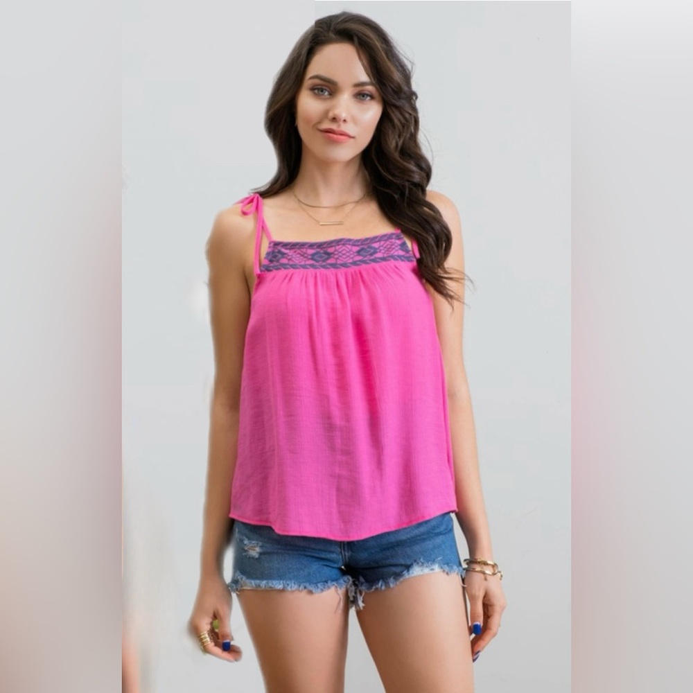 Hot Pink tank with navy embroidery